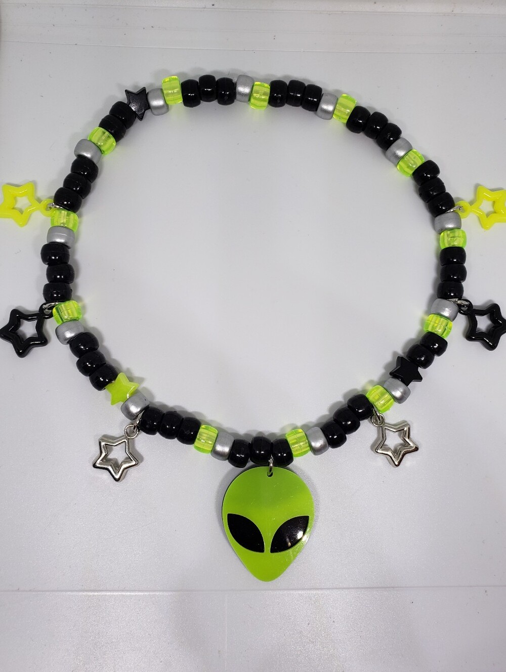 Handmade Neon Green Yellow Black Silver Alien Beaded Kandi Choker Necklace